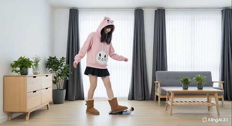 real Giantess beautiful Asian girl with a light cat pink Hoodie and black skirt