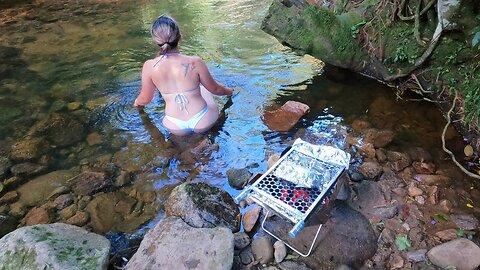 Bathing in the river and preparing a delicious barbecue in nature Sheer Try on haul