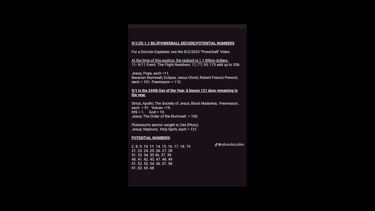 9/1/25 Powerball Decode Potential Numbers