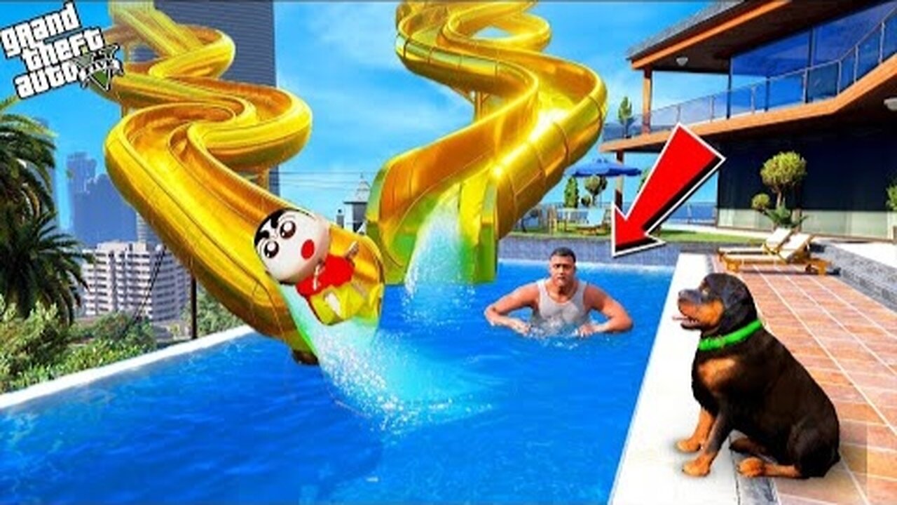 Franklin & Shinchan & Shiro Build Longest Water Slide In Franklin House & Tried Water Slide in GTA 5