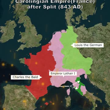 Carolingian Empire(France) Unified (800 AD) vs After Split (843 AD)
