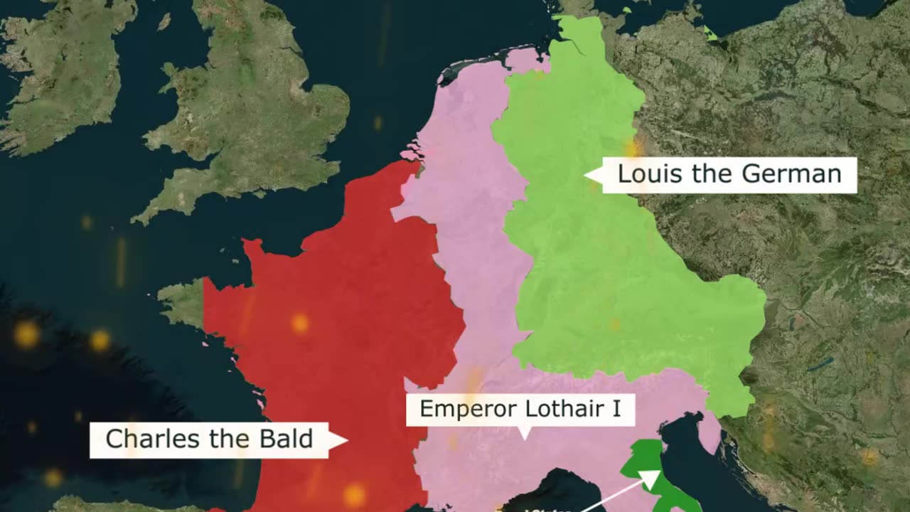 Carolingian Empire(France) Unified (800 AD) vs After Split (843 AD)