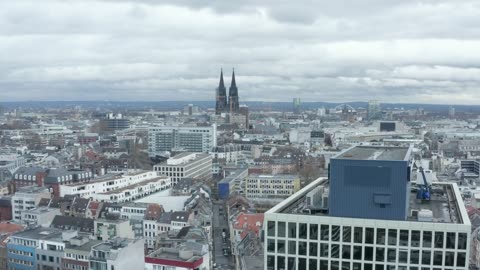 Down shot in a German city, aerial skyline view