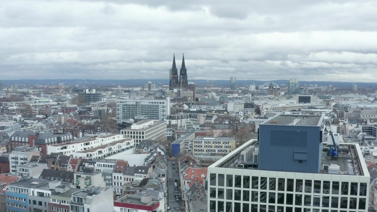 Down shot in a German city, aerial skyline view