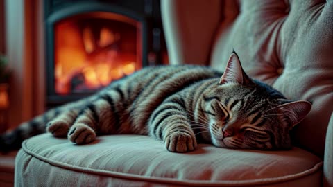 Purring cat with cozy Fireplace