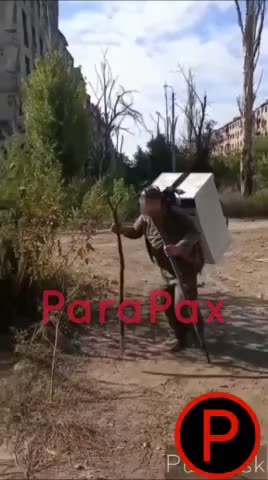 Russian Soldier Carrying Away a Washing Machine On His Back