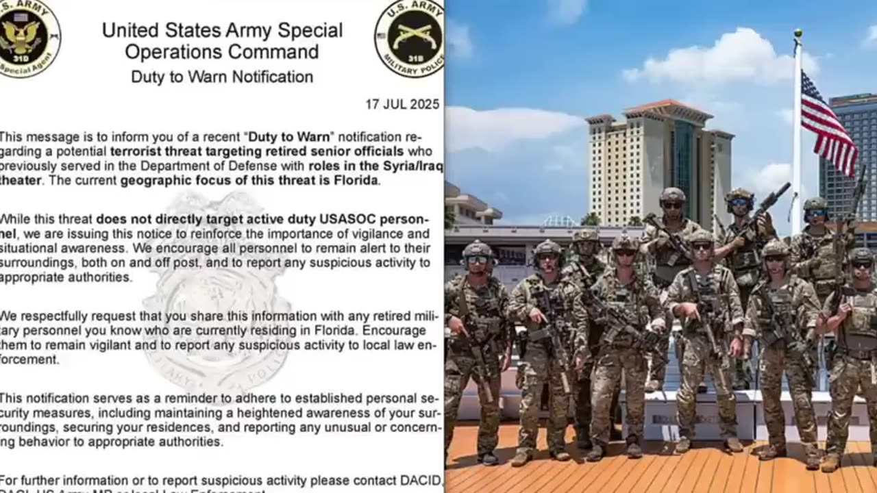 'Terror Threat' Issued by Army Special Operations Command for Retired DoD Officials In Florida