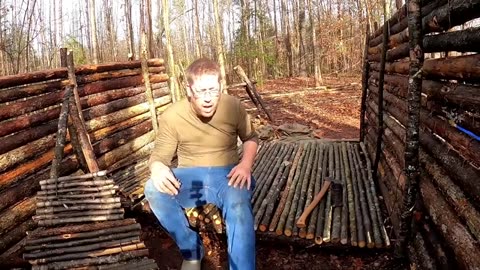 1 Year in Log Cabin Survival Shelter (Building, Camping, Repairing Bushcraft Shelter)_part9