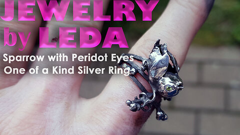Handmade Silver Sparrow Ring with Peridot Eyes | Unique Bird Jewelry Creation