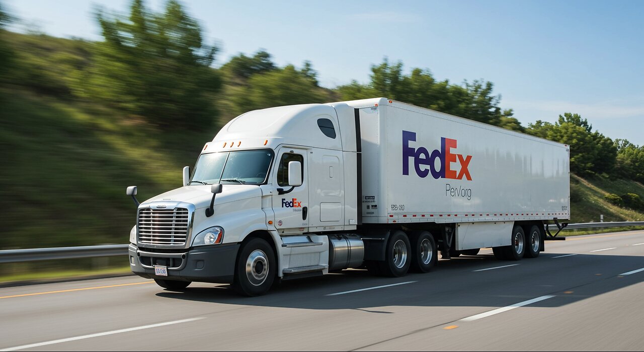The FedEx Semi Truck Is Driving on the Road