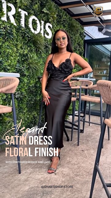 Elegant Satin Dress with Contoured Bodice and Lace Floral Finish🖤