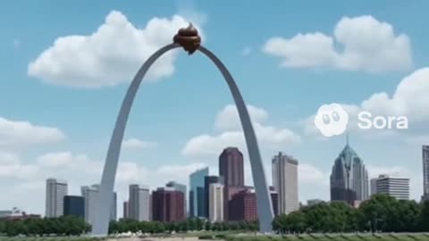 The Goodyear Blimp poops on top of the St Louis Gateway Arch