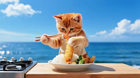 Ginger Kitten Makes Tempura Rice at Beach 🍤🏖️ While Mama Cat Has Fun Playing in Waves!