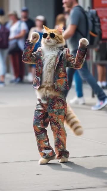 Cats dressed like human dancing in public