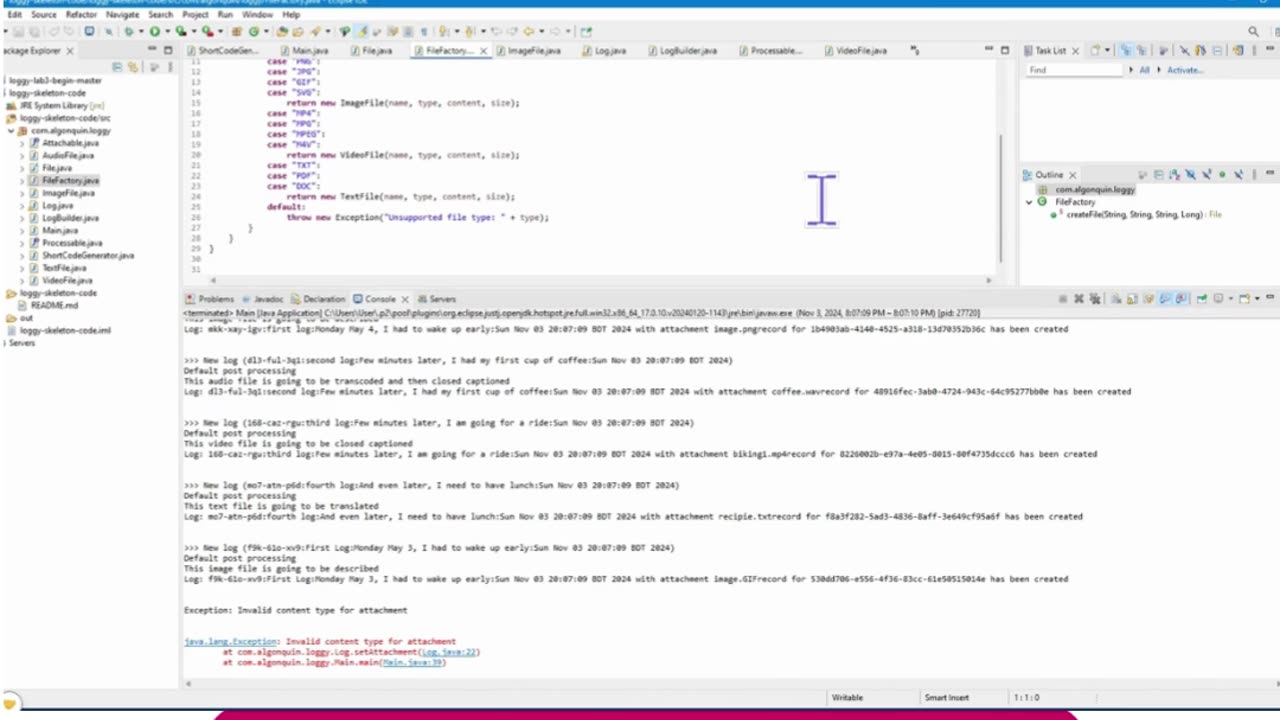 Student Work(Java) | 24F_CST8288N_800 OOP with Design Patterns Assignment 4 Output Video | Algonquin