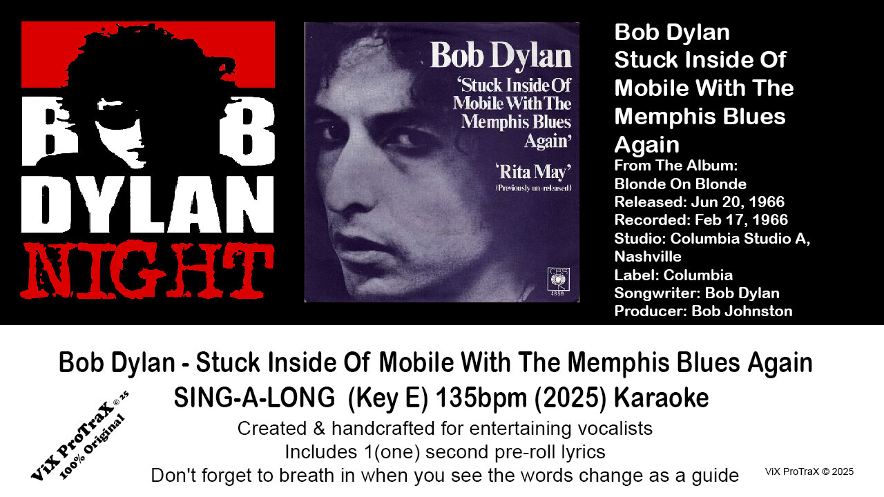 Bob Dylan - Stuck Inside Of Mobile With The Memphis Blues Again SING-A-LONG (Key E) 135bpm (2025)