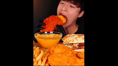 Fried onion rings, cheese beef burgers, fried cheese sticks, fried chicken steak