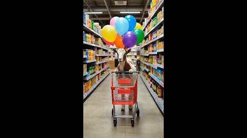 Goat pushes red cart with balloons in grocery aisle.