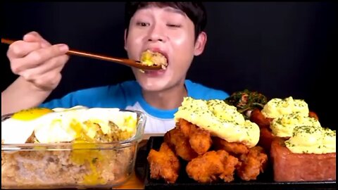 Fried rice, fried chicken, luncheon meat