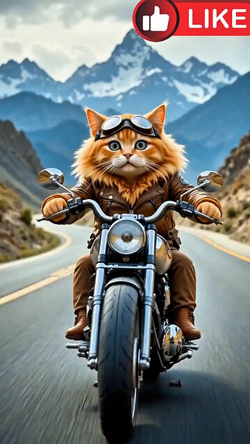 Cat enjoying the snow in the mountain area, touring on a luxurious bike AI generator funny video