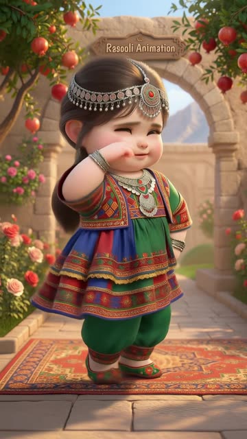 Chubby baby girl dressed in traditional attire dancing happily with a big smile outdoor