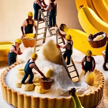 a group of miniature people working on a banana cake Ai Video Generator @NanoVisionsAI