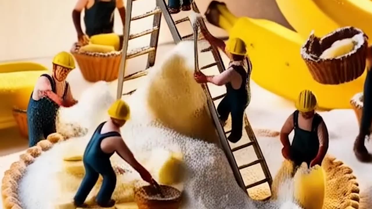 a group of miniature people working on a banana cake Ai Video Generator @NanoVisionsAI