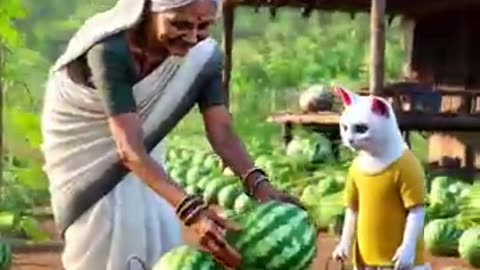 Grandmother and cat interesting video