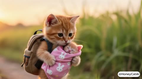 The little ginger kitten takes his younger sibling to school 🐱📚.