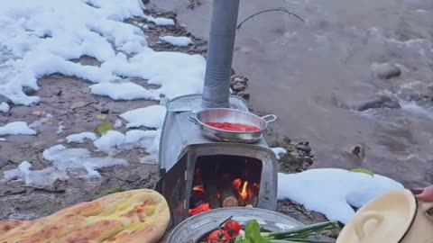 Snowy Camping by the River with Hot Tea.