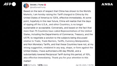 NOTIZIE DAL MONDO il Presidente USA Donald Trump aumenta fino al 125% i dazi alla Cina "Per altri Paesi pausa immediata di 90 giorni sui dazi reciproci" ha scritto sul suo profilo social del suo social di cui è il proprietario,Truth.