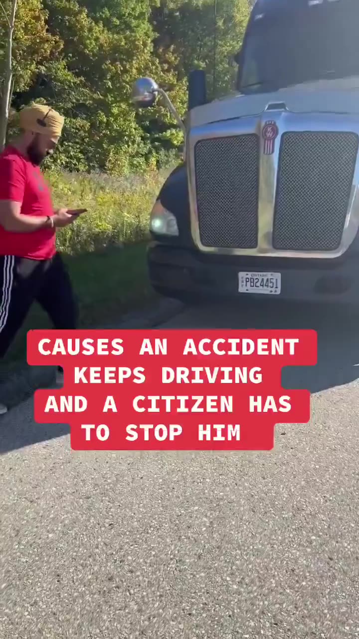 Indian semi-truck driver causes an accident, KEEPS DRIVING, and a citizen has to stop him.