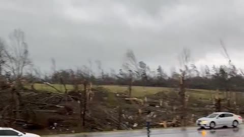 Tornado damage on Highway 98 south of Tylertown, Mississippi.