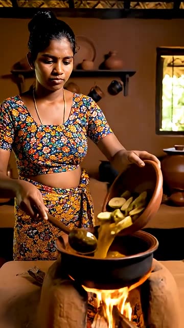 in a village home in sri lanka.a girl makes a curry using gray plantains. - GAMI RASA (720p, h264)