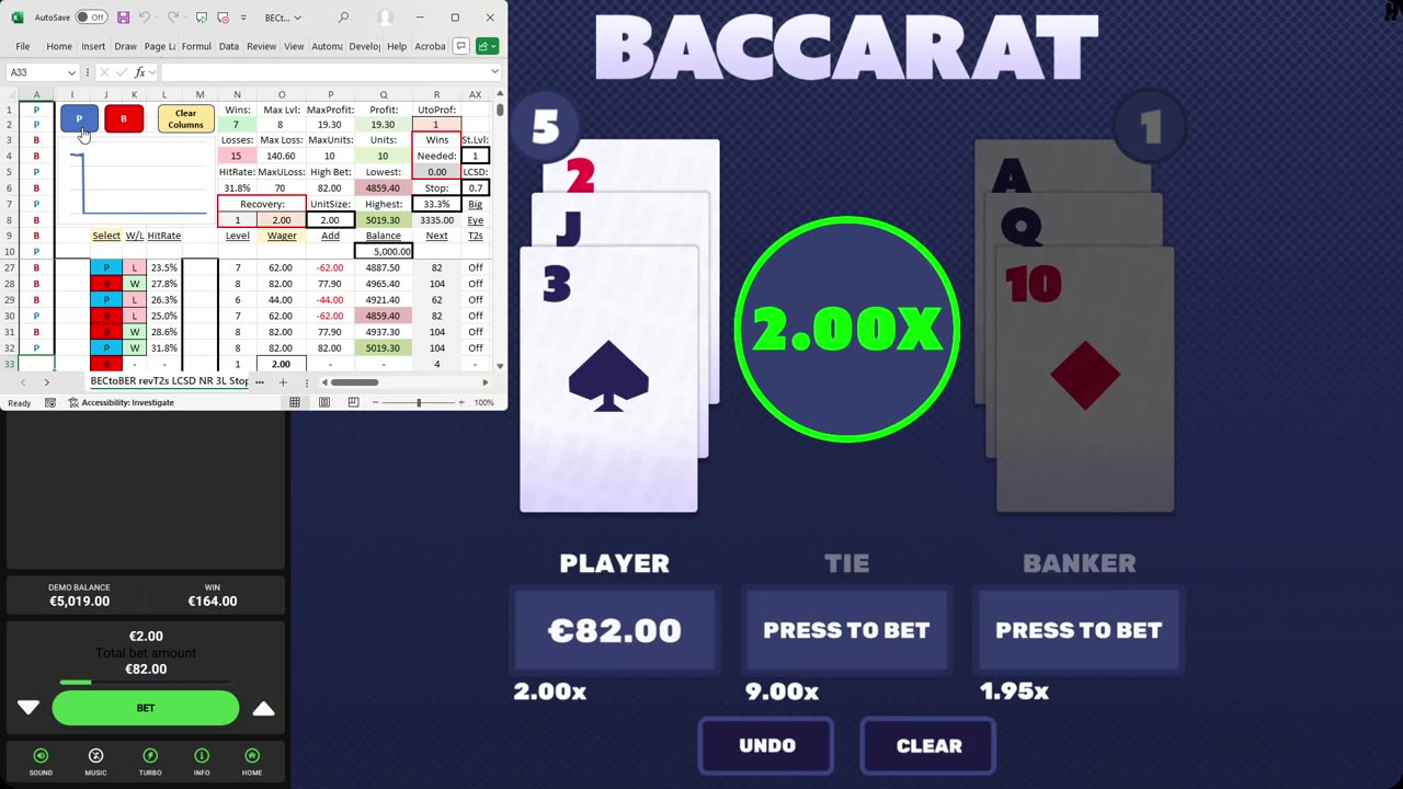 Baccarat - 23 units won in 8 minutes, 41.3% hit rate, 70 unit drawdown, to level 8, LCSD set to 0.7