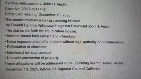 CYNTHIA VELLANOWETH v JOHN H AUSTIN -DEFAMATION,IMPERSONATING A LANDLORD [CASE NO. 25STCV14447]