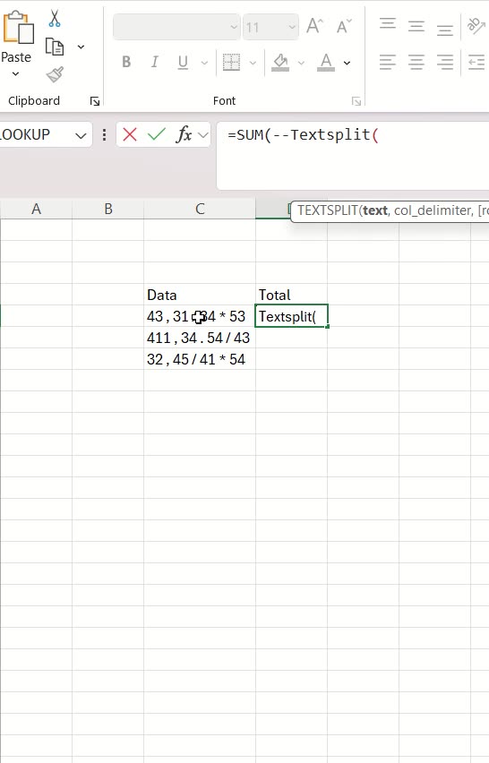 How to use the textsplit for more than one delimiter and find the total of the data