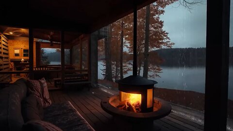 Rainy Day on Cabin Porch | Fireplace and Gentle Rain Sounds for Sleep, Relax and Focus