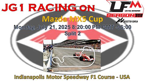 JG1 RACING on LFM - Mazda MX5 Cup - Indianapolis Motor Speedway F1 Course - USA - Split 2