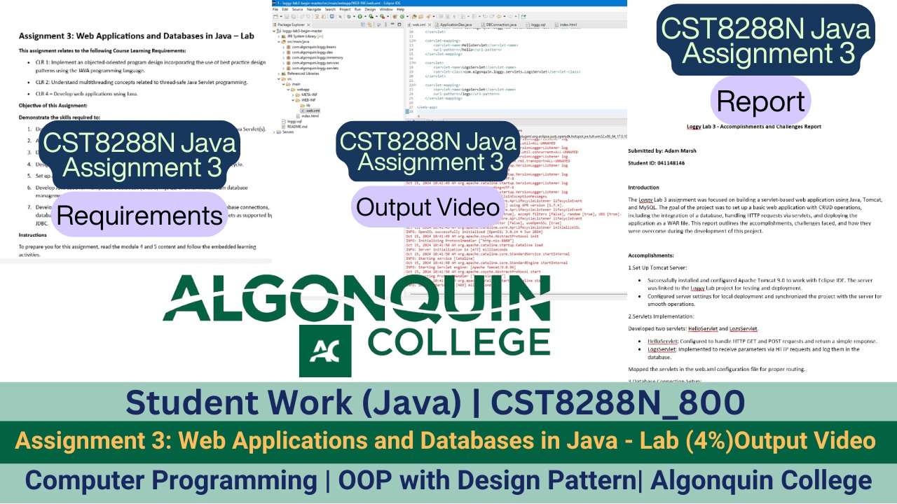 Student Work(Java) | 24F_CST8288N_800 OOP with Design Patterns Assignment 3 Output Video | Algonquin