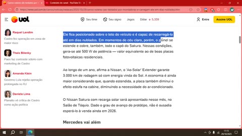 Carros solares são testados por montadoras e carregam até em dias nublados.mp4