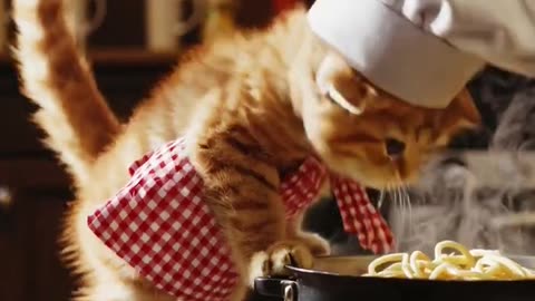 A tiny, fluffy orange tabby kitten standing on its tiptoes