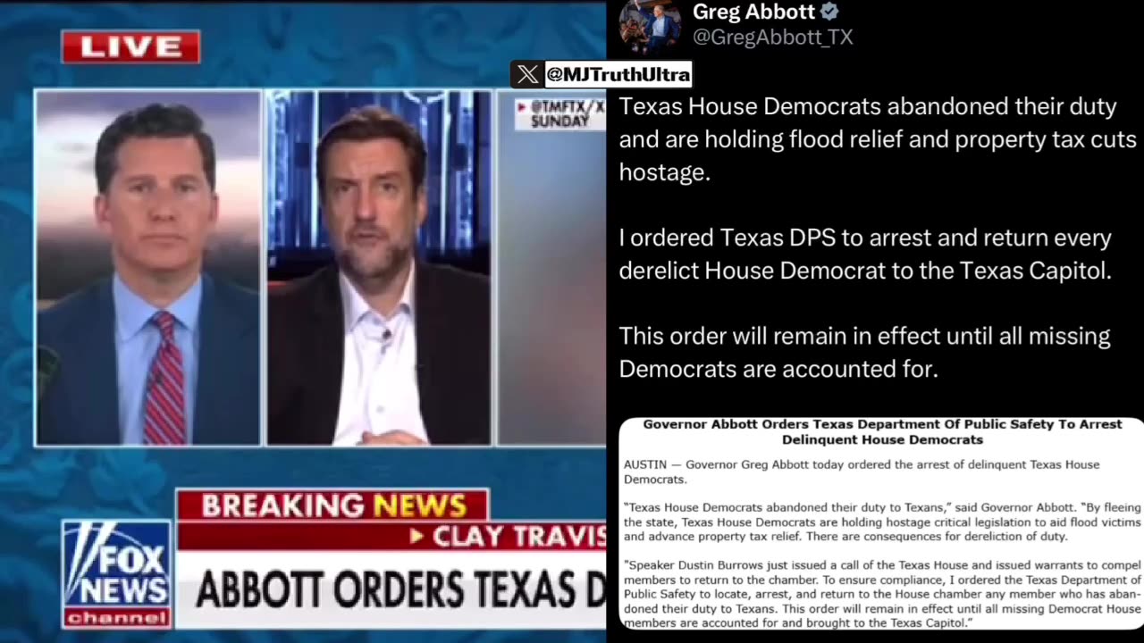 Governor Greg Abbot has ordered Texas DPS to Arrest Derelict House Democrats