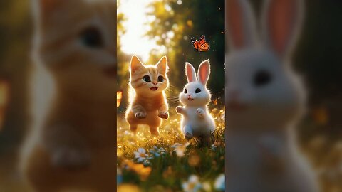 A cute rabbit saves a poor baby kitten. AI Generated