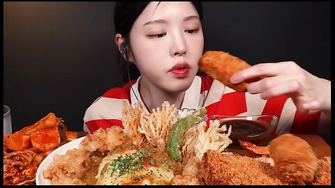Cheese curry rice, fried chicken, fried enoki mushrooms, pork chop and fried shrimp