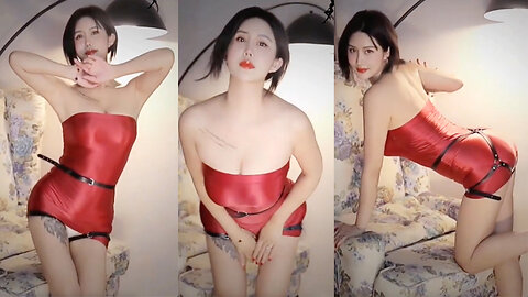 Flirty dancer in a red bodycon with thigh straps, playful poses and bold expressions