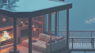 Glass Cabin Over Misty River with Fireplace.