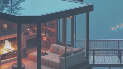 Glass Cabin Over Misty River with Fireplace.