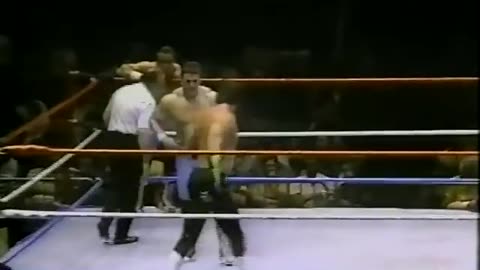 British-Bulldogs vs Dream Team with Brutus beefcake in blue tights/pants with black stripes