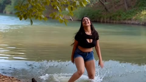 He jumped from the forest into the river, dancing.